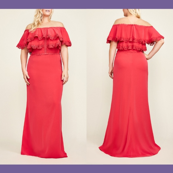 NEW $488 Tadashi Shoji Karlie Off-Shoulder‎ Crepe Gown Red [PLUS 22W 22Q ] #G401 - Picture 1 of 8